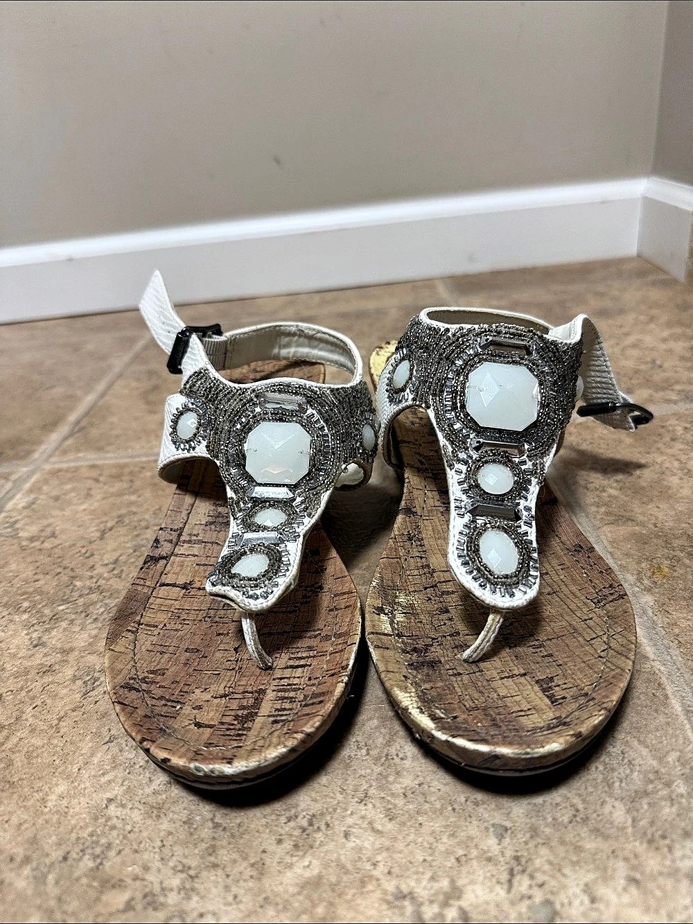 Vera Wang Embellished Wedge Sandals in White & Brown
